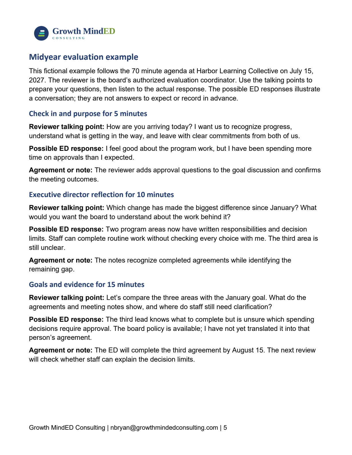 Sample midyear conversation with reviewer talking points and possible executive director responses